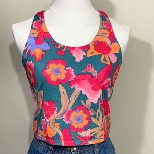 Pro Player Tank Top Womens Small Teal Pink Floral Racerback Wicking Crop Athleti